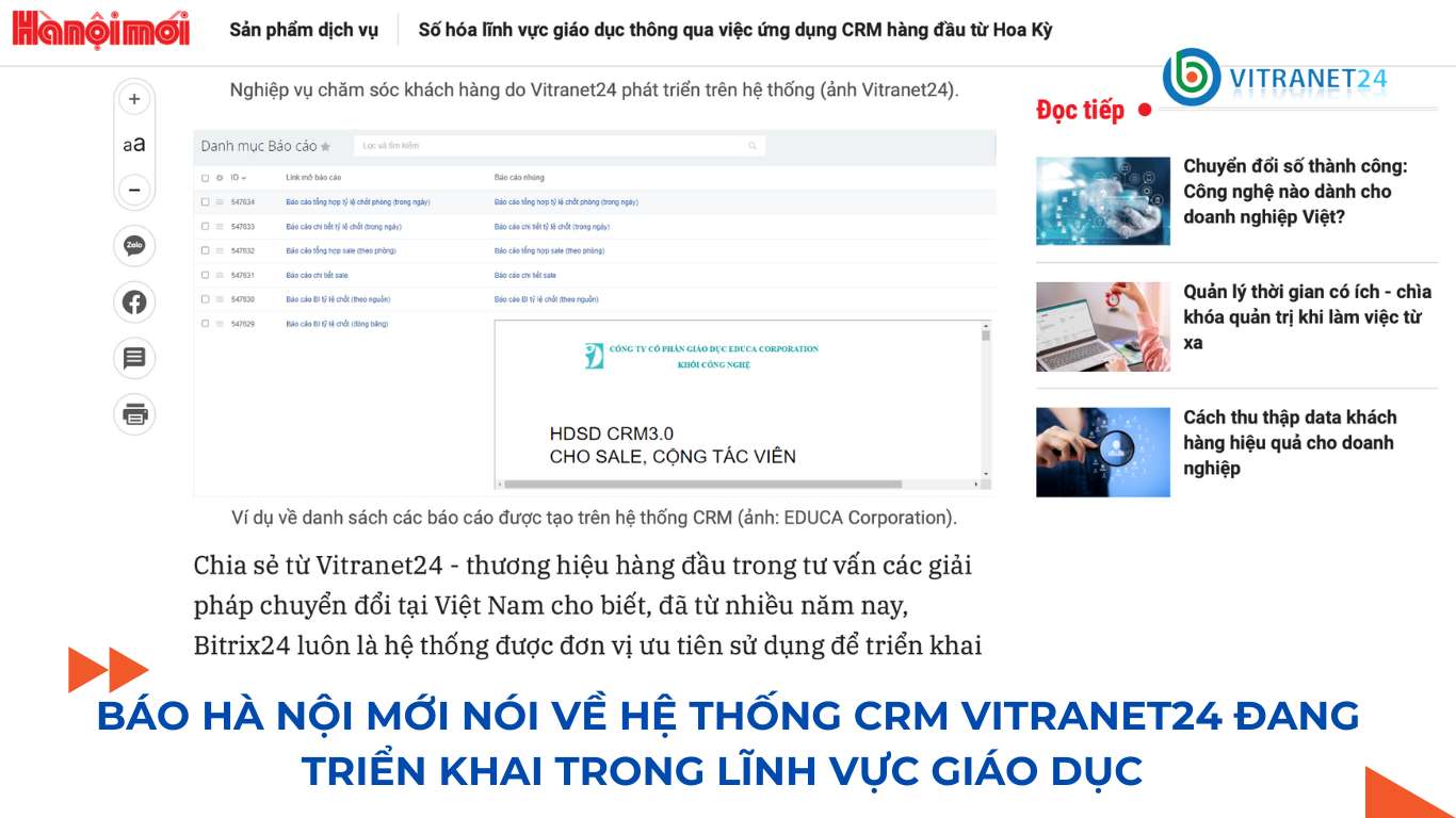 Báo Hà Nội Mới nói về hệ thống CRM Vitranet24 đang triển khai trong lĩnh vực giáo dục 